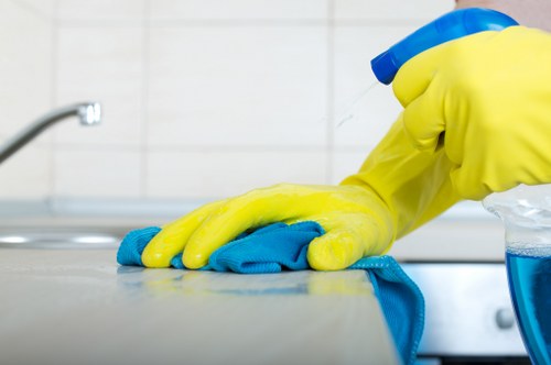 Carpet cleaning technician preparing safety equipment in Camden Town